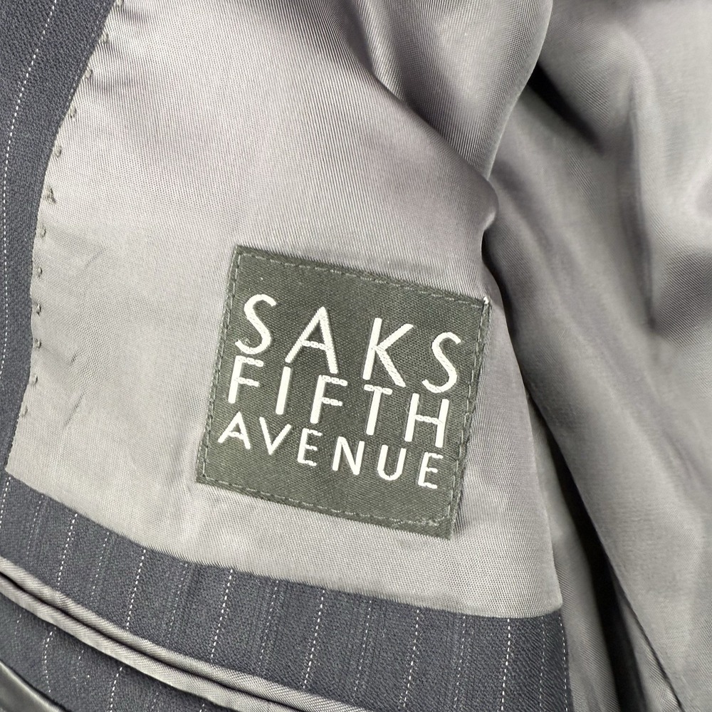 Saks Fifth Avenue Blazer Mens 42R Black Striped Super 130s Wool Loro Piana Coat - Picture 11 of 16